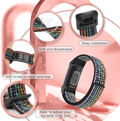 Sport Loop Nylon Watch Bands Compatible with Fitbit Charge 6/5, Adjustable Breathable Replacement Soft Nylon Loop Wristband for Women/Men