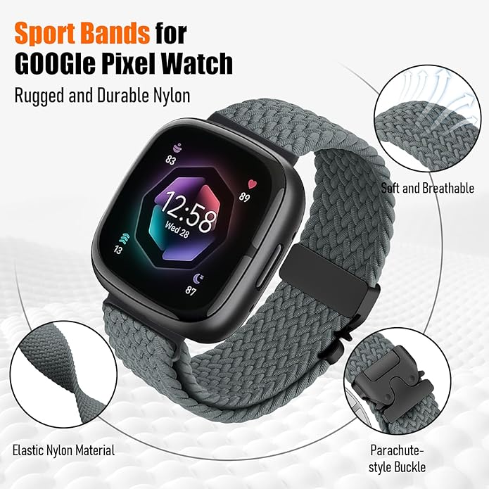 Braided Stretchy Band for Fitbit Versa 4/Versa 3/Sense 2/Sense Watch Band Women Men,Parachute-style Buckle Nylon Sport Wristband Soft Fabric Elastic Loop Strap Accessories for Versa 4/3