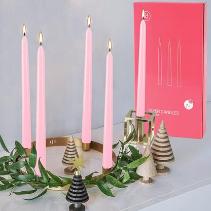24 Pack Pink Taper Candles, 7-8 Hours Burn Time, Unscented, Smokeless and Dripless, 0.75 x 10 Inch Dinner Candle Set for Household, Wedding, Party and Home Décor Candlesticks
