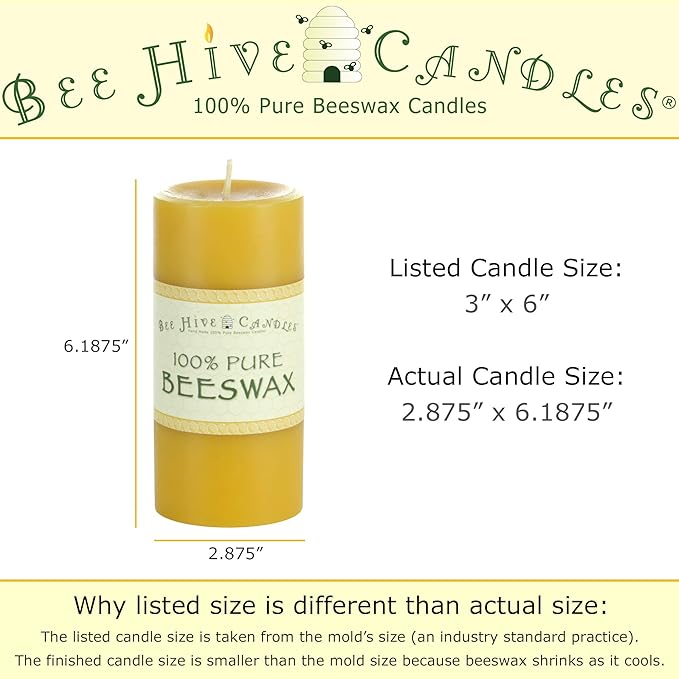 100% Pure Beeswax Pillar Candle (3" x 6") | Natural Beeswax Candles | Soy, Paraffin & Fragrance Free | Handmade in The USA