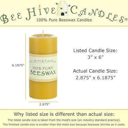 100% Pure Beeswax Pillar Candle (3" x 6") | Natural Beeswax Candles | Soy, Paraffin & Fragrance Free | Handmade in The USA