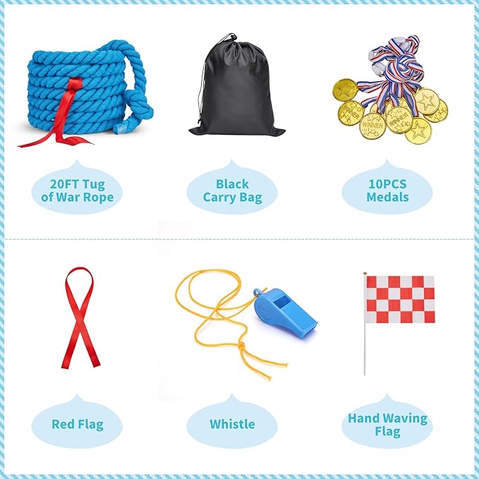 Tug of War Rope for Kids and Adults,Outdoor Field Day Family Reunion Birthday Party, Summer Outside Yard Backyard Lawn, Camping Picnic Carnival Games,Team Building (Blue, 20FT)