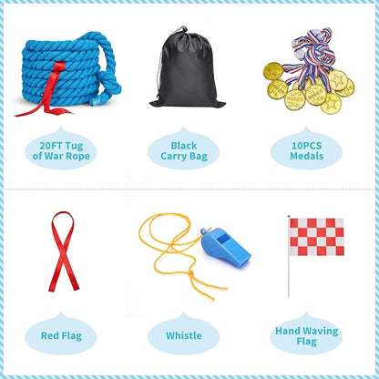 Tug of War Rope for Kids and Adults,Outdoor Field Day Family Reunion Birthday Party, Summer Outside Yard Backyard Lawn, Camping Picnic Carnival Games,Team Building (Blue, 20FT)