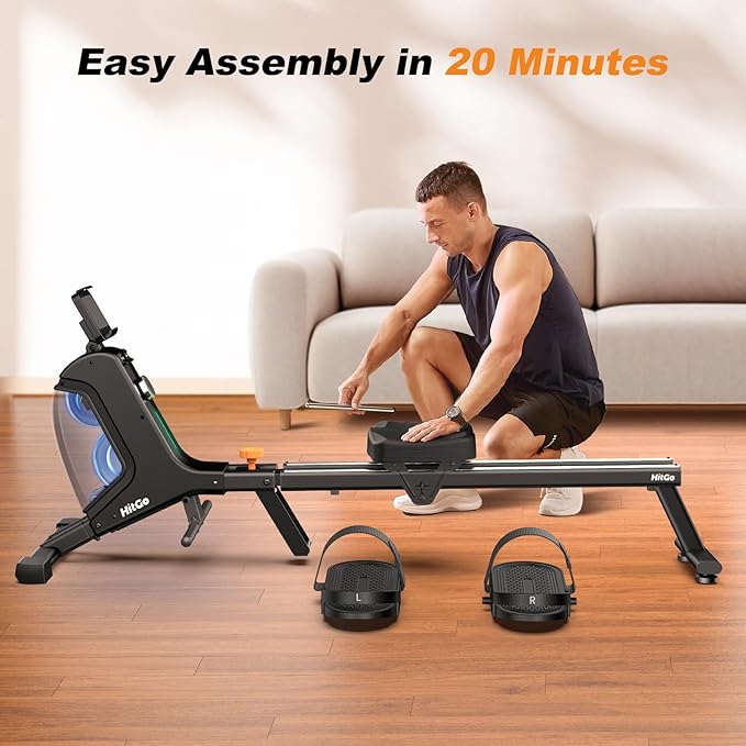 Magnetic Rowing Machine for Home Use, Foldable Rower with 32 Levels of Silent Resistance, LED Light Effects, Compact Dual Slide Rail, Max 350lb Capacity, Bluetooth & App Compatible