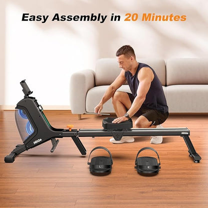Magnetic Rowing Machine for Home Use, Foldable Rower with 32 Levels of Silent Resistance, LED Light Effects, Compact Dual Slide Rail, Max 350lb Capacity, Bluetooth & App Compatible