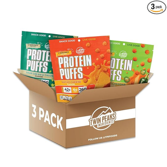 Twin Peaks Low Carb, Keto Friendly Protein Puffs, (Combo Pack, 2.1 Ounce), 2 Servings, 3 Pack (60g, 42g Protein, 4g Carbs)