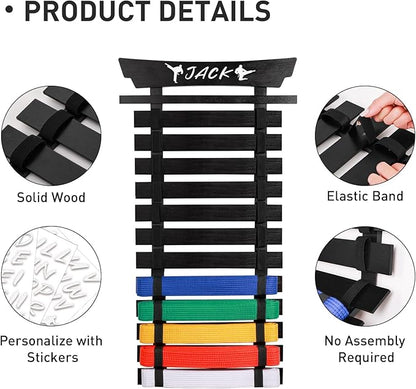 12 Belts Karate Belt Display Rack with Stickers, Martial Arts Belt Display Holder, Taekwondo Belt Jiu Jitsu Belt BJJ Belt Display Hanging Holder for Adults