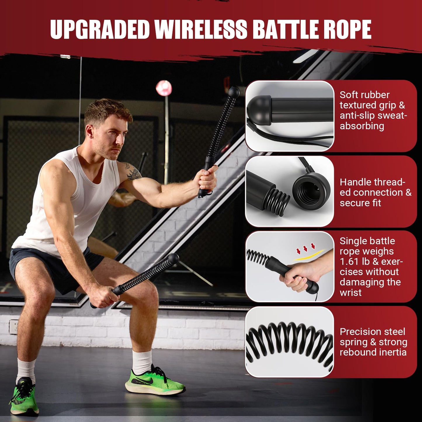 COCTN Cordless Battle Rope for Home Gym, Heavy Duty Portable with Poster