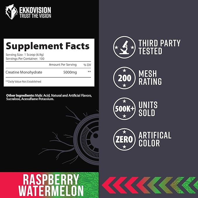 Ekkovision Creatine Monohydrate Powder, Micronized, Raspberry Watermelon, Pre & Post Workout Supplement for Men and Women, Energy Support, Easy to Mix in Shakes, Smoothies & Beverages, 100 Servings