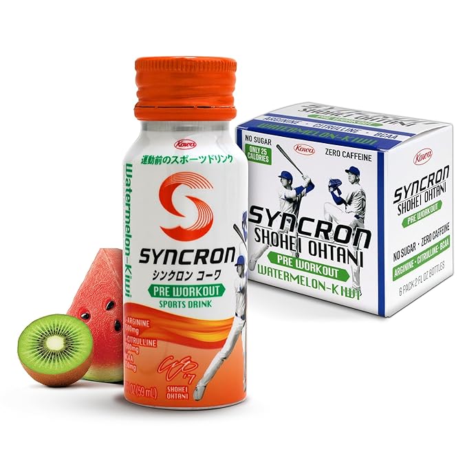 Syncron Pre Workout Sports Drink Endorsed by Shohei Ohtani, Aluminum Bottled, Sugar Free Pre Workout with L Arginine, L Citrulline & BCAAs for Athletes & Training, Watermelon Kiwi, 6 Pack, 2 oz