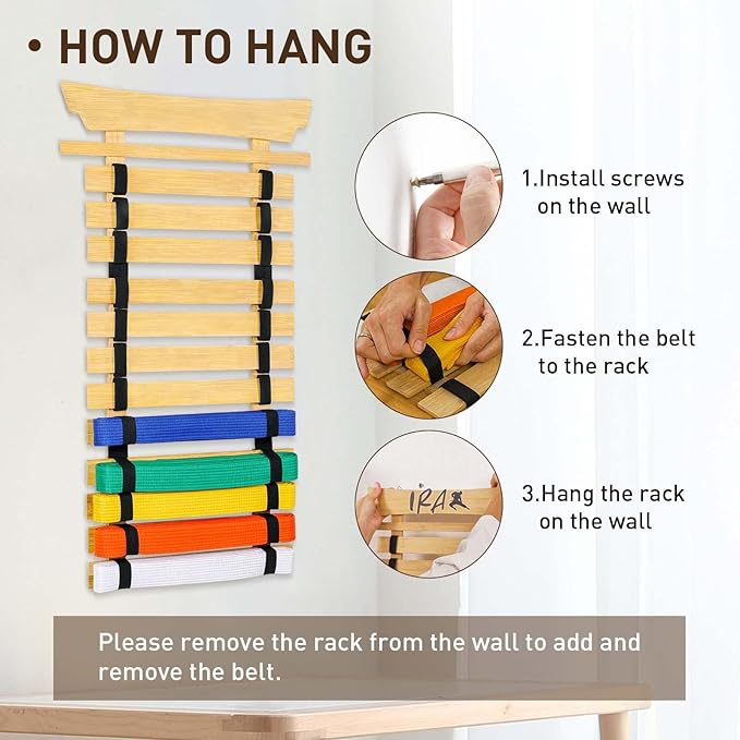 12 Belts Karate Belt Display Rack with Stickers, Martial Arts Belt Display Holder, Taekwondo Belt Jiu Jitsu Belt BJJ Belt Display Hanging Holder for Adults