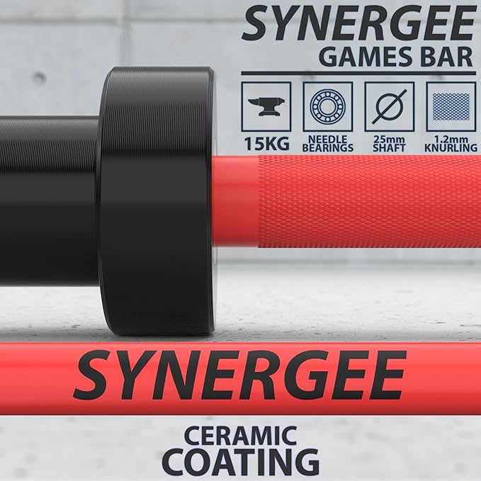 Synergee Games 15kg and 20kg Colored Ceramic Coated Barbells. Rated 1500lbs for Weightlifting and Powerlifting. Black, Red, Grey, Pink
