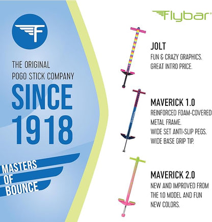 Flybar Maverick 2.0 Foam Pogo Stick for Kids Ages 5 and Up, 40 to 80 Pounds - Outdoor Toy for Boys and Girls With Rubber Grip by The Original Pogo Stick Company (Blue/Green)