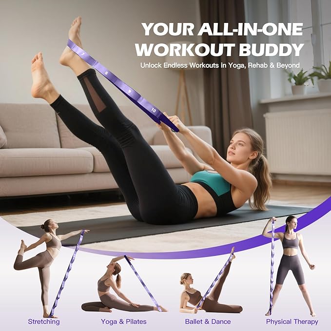 Stretching Strap with Loops - Non Elastic Yoga Straps for Physical Therapy, Durable Stretch Bands for Exercise, Flexibility Training, Hamstring & Leg Stretcher, Yoga/Pilates/Gymnastics