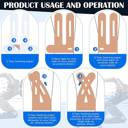 50 Pcs Precut Kinesiology Tape for Knees Pain Relief Elastic Waterproof Athletic Knee Tape for Support Stability Sports (Black,Blue,Skin Color)