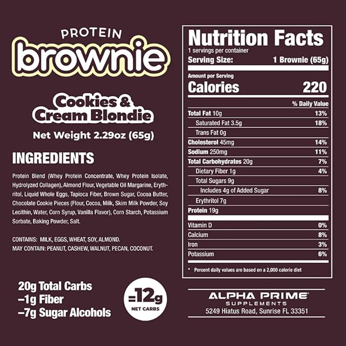 Prime Bites Protein Brownie from Alpha Prime Supplements | High Protein, Collagen Fortified Low Sugar Treat | Delicious Snack | 12 Bars per Box (Cookies & Cream Blondie)