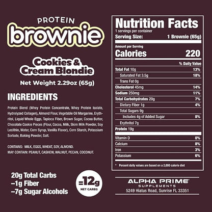 Prime Bites Protein Brownie from Alpha Prime Supplements | High Protein, Collagen Fortified Low Sugar Treat | Delicious Snack | 12 Bars per Box (Cookies & Cream Blondie)