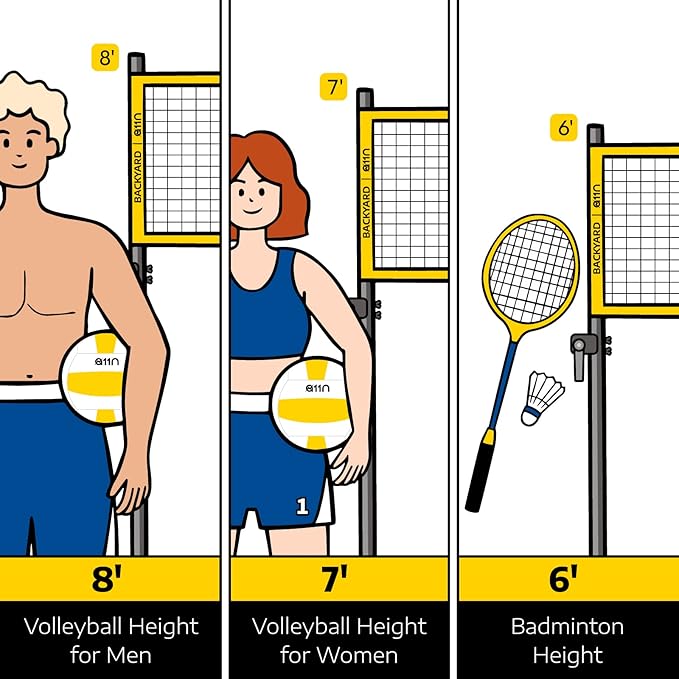 A11N Outdoor Volleyball and Badminton Combo Set - Includes Adjustable Height Anti-Sag Net, Volleyball, Air Pump, 4 Badminton Rackets, 2 Shuttlecocks, Boundary Line Marker, and Carrying Bag