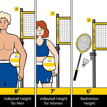 A11N Outdoor Volleyball and Badminton Combo Set - Includes Adjustable Height Anti-Sag Net, Volleyball, Air Pump, 4 Badminton Rackets, 2 Shuttlecocks, Boundary Line Marker, and Carrying Bag