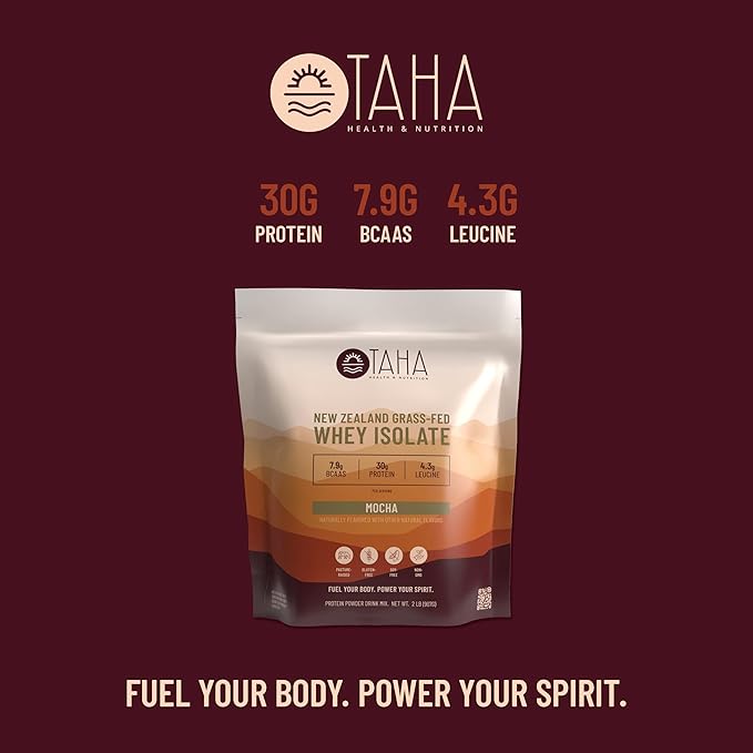 Taha Health & Nutrition Mocha Whey Protein Isolate Powder, 30g Protein, 7.9g BCAAs, 4.3g Leucine | New Zealand Free-Range, Grass-Fed Dairy | Gluten-Free, Keto, Kosher | 2LB, 24 Servings