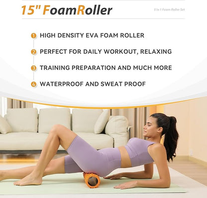 5 in1 Foam Roller Set, Trigger Point Foam Roller, Massage Roller Stick, Massage Ball, Resistance Band for Deep Muscle Massage Pilates Yoga,Fitness Exercise for Whole Body (Pure Orange)