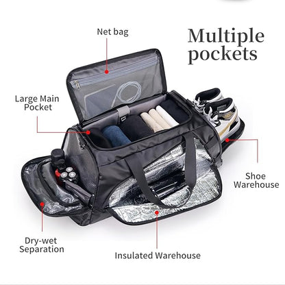 Duffle Bag for Travel, Carry on Gym Bag for Men, Waterproof Sport Bags with Shoe Compartment, 40L Lightweight Weekender Bag for Camping, Hiking, Trips - Black (Basic)