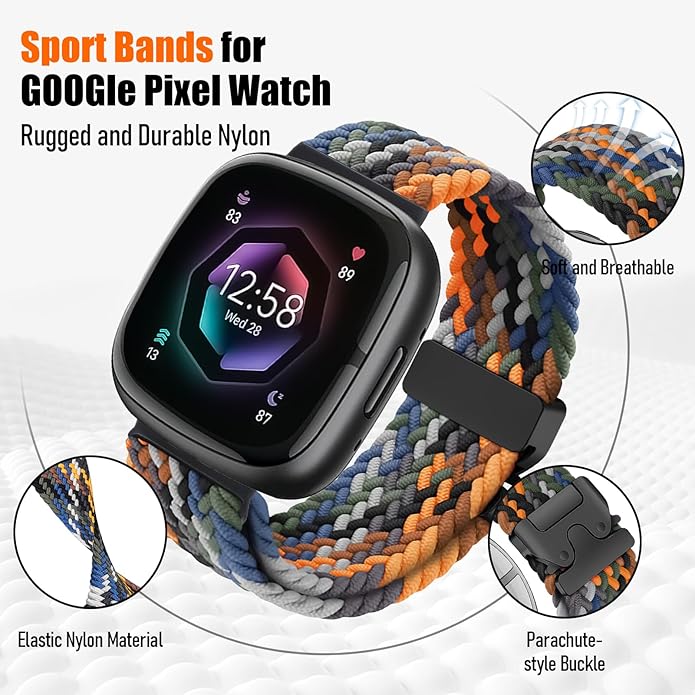 Braided Stretchy Band for Fitbit Versa 4/Versa 3/Sense 2/Sense Watch Band Women Men,Parachute-style Buckle Nylon Sport Wristband Soft Fabric Elastic Loop Strap Accessories for Versa 4/3