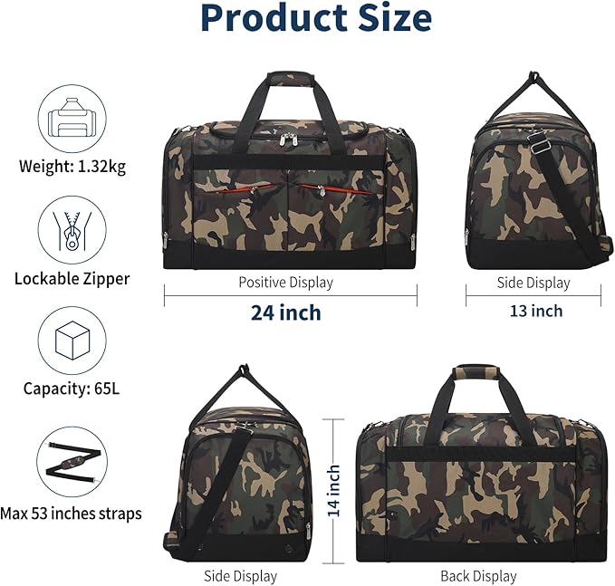 24 inch Large Gym Bag for Men - 65L Hard Bottom Duffle Bag with Shoes Compartment for Sport/Travel - Camo