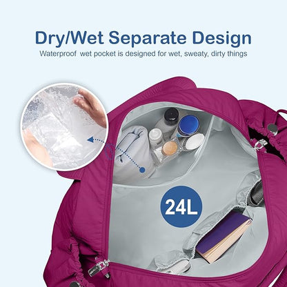 TOPDesign Travel Duffel Bag for Women, Puffer Gym Bag Sports Tote with Wet Pocket, Carry On Weekender with Luggage Sleeve (Dark Purple)