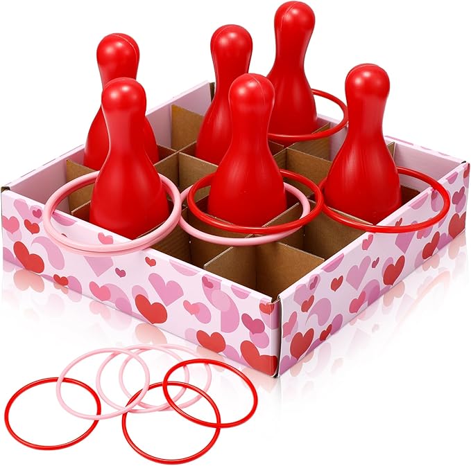 Wettarn Valentine Bottle Toss Game Valentine‘s Day Games Ring Toss with Pink Red Hearts Box 6 Plastic Bottles and 6 Throw Rings for Outdoor Bridal Shower Wedding Activity Party