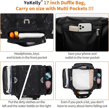 17 inch Small Duffle Bag - Carry On Weekender Bag for Travel Gym Sport - Black Marble
