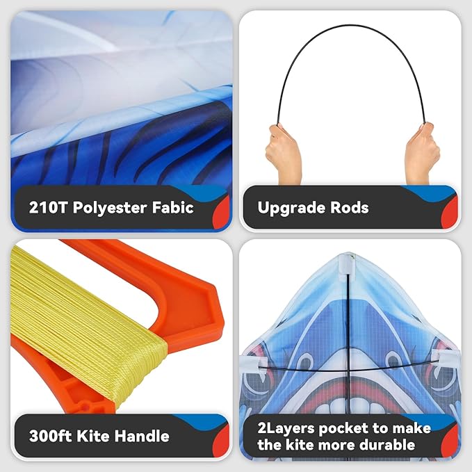 Three Headed Shark Kite for Kids and Adults,Kites for Kids Ages 8-12 Easy to Fly,Single Line Beach and Park Kite for Family Outdoor Games