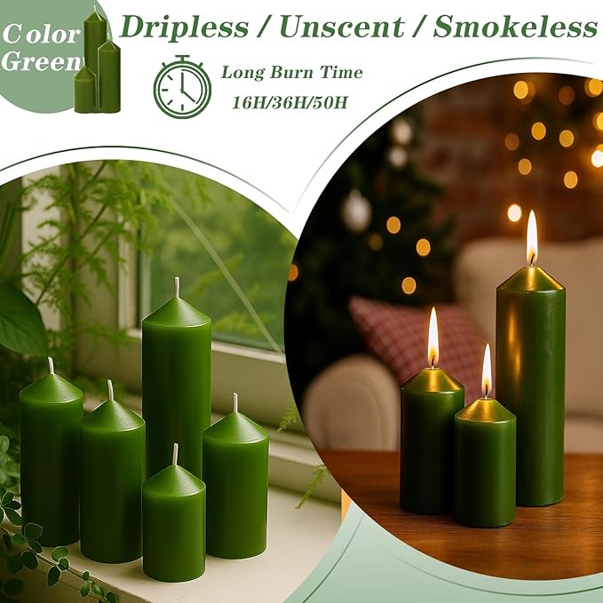 36 Pcs Green Pillar Candles Bulk Set，Hurricane Candlesï¼? Different Lengths (12 Each)，Dripless Unscented Smokeless，Gives You a Better Atmosphere When Organizing Wedding or Event Party.