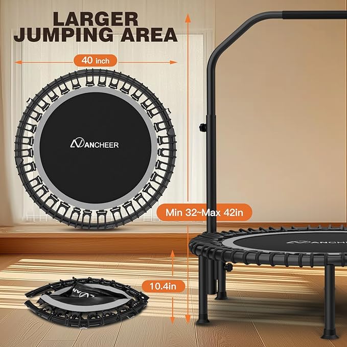 ANCHEER 40"/48" Foldable Rebounder Trampoline for Adults/Kids with Resistance Bands and Bungees, Indoor & Outdoor Mini Trampoline with Bar and Safety Padding - Max Load 450lbs/550lbs