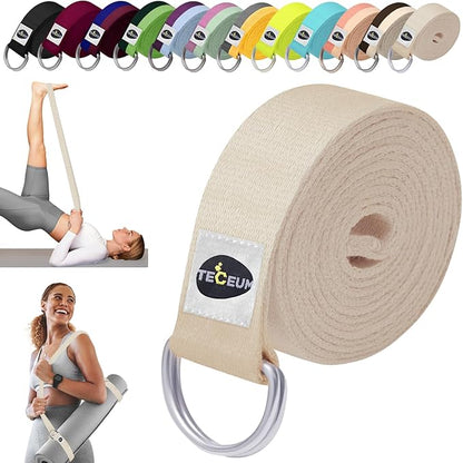 TECEUM Yoga Strap & Mat Strap – 2 IN 1 – Cotton – 6 ft 8 ft 10 ft (30+ colors) – Adjustable Non-Slip Belt for Yoga, Pilates, Stretching, Physical Therapy, Fitness & Home Workout – For Carrying Mats