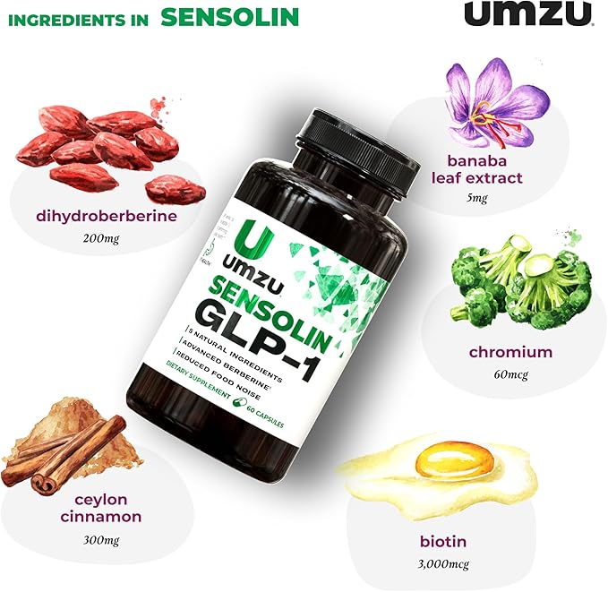 UMZU Sensolin GLP-1 Metabolic Support Supplement, Boost GLP-1 Production, Reduce Food Noise, Balance Mood, Clinically Advanced Berberine, Ceylon Cinnamon, Chromium (60 Capsule | 30 Day Supply)