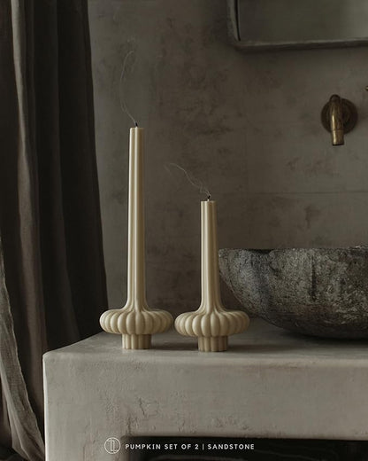 LAWA Set of 2 Pumpkin Base Candle - Beautiful Handmade Pillar Unscented Soy Wax Elegant Aesthetic Vase Candle Housewarming Gift Home Room Shelf Decor Idea Sandstone