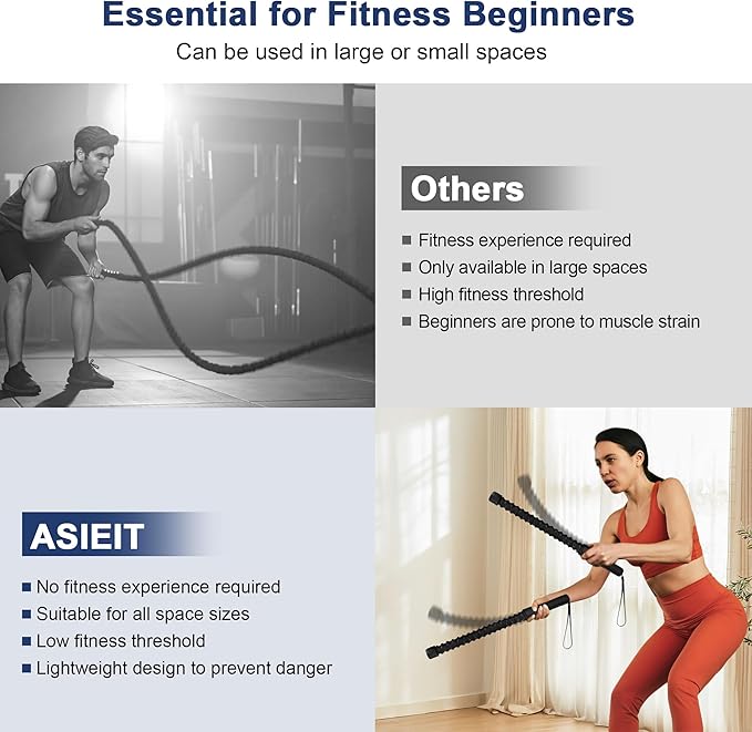 ASIEIT Ropeless Battle Ropes for Home Gym, Lightweight Battle Rope for Fitness Beginners, Portable Workout Ropes for Working Out, Durable Exercise Rope for Home Workout - 2PCS