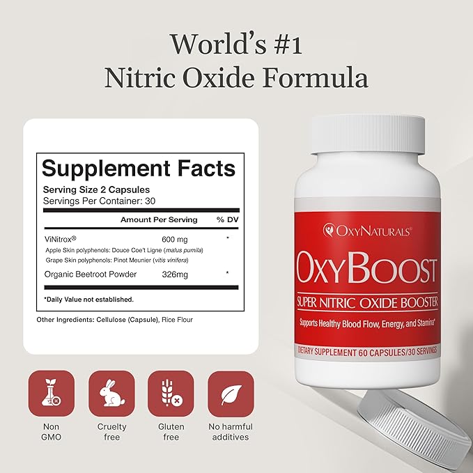 OxyBoost Nitric Oxide Supplement for Men & Women - Supports Circulation, Heart Health, Energy, Mental Clarity & Blood Flow - Natural Formula with Vinitrox - 180 Capsules (Pack of 3)