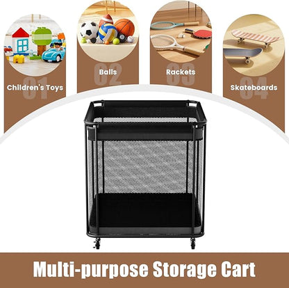 VOPEAK Oversized Rolling Ball Storage Cart with Lockable Wheels, Ball Storage Organizer with Mesh Basket, Sports Ball Rack for Indoor Outdoor, Metal Sports Equipment Organizer for Garage Gym School