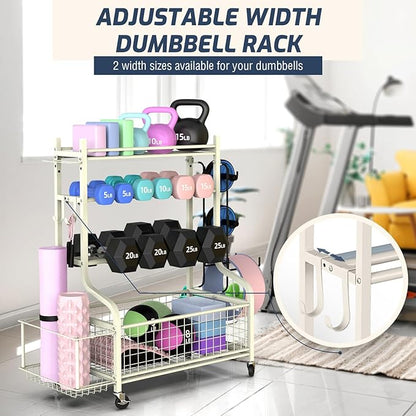 PLKOW Dumbbell Rack, Weight Rack for Dumbbells, Home Gym Storage for Dumbbells Kettlebells Yoga Mat and Balls, All in One Workout Storage with Wheels and Hooks, Powder Coated Finish Steel