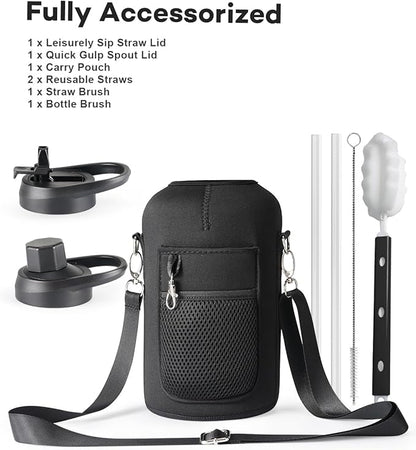 64oz Water Bottle Insulated with Handle,Double-Wall Vacuum Stainless Steel (Cold for 48 Hrs), Half Gallon Water Jugs,Reusable Metal Water Flask with Carry Pouch,Straw & Spout Lid,Indigo Black