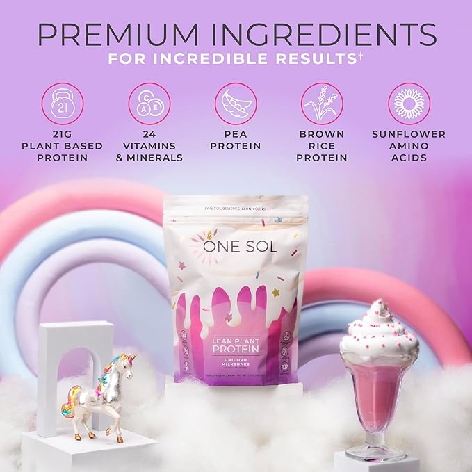 One Sol Lean Plant-Based Protein Powder, Pea & Brown Rice Protein, Low Carb, Vegan Friendly - Gluten, Lactose, & Soy Free - No Added Sugar, Non-GMO, Clean Nutrition, No Bloating (Unicorn Milkshake)