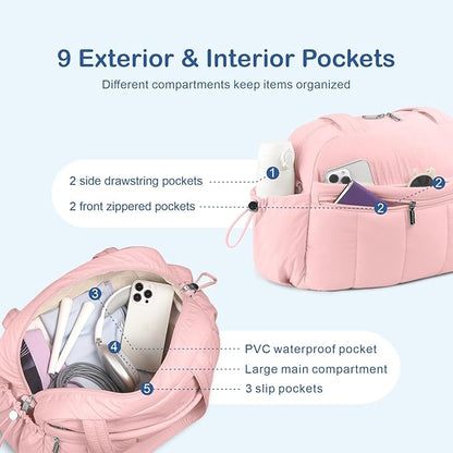 TOPDesign Travel Duffel Bag for Women, Puffer Gym Bag Sports Tote with Wet Pocket, Carry On Weekender with Luggage Sleeve (Baby Pink)