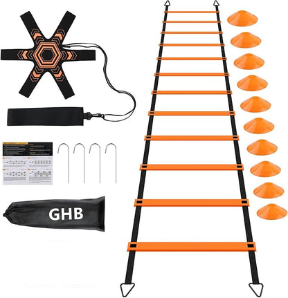 GHB Pro Agility Ladder Soccer Kick Trainer Set 20ft 12 Rung 10 Cones and 4 Stakes Speed Agility Football Training Equipment with Carrying Bag