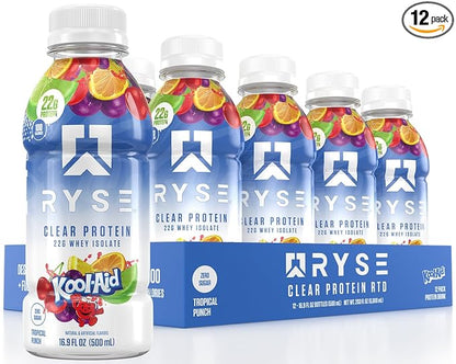 RYSE Clear Protein Shake - Kool-Aid Tropical Punch - 100 Calories, 22g Whey Isolate Protein, Sugar-Free, 0g Fat & Lactose-Free - Refreshing Ready-to-Drink Beverage - 16.9 fl oz Bottles (12-Pack)