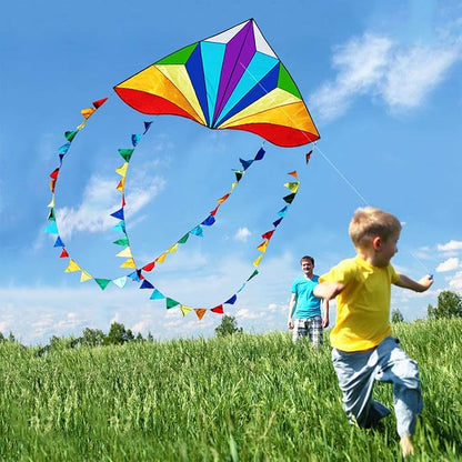 HONBO Large Delta Kite for Kids & Adults,Extremely Easy to Fly Kite for Beach Trip,String Line Included,with Colorful Tail,Perfect for Beginners