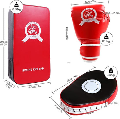SEISSO Boxing Kick Pads Punching Mitts Curved,Kids Boxing Gloves,Leather Material Art Karate Pad Thai Hand Pad Focus Target Kickboxing Hand Target for Kicking Shield Training,Sparring,Dojo(5Pcs Set)