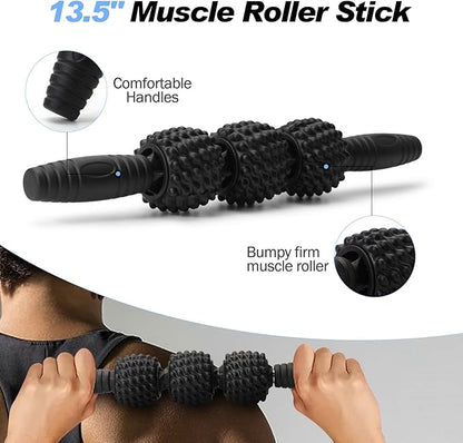 5 in 1 Foam Roller Set Trigger Point Foam Roller, Massage Roller Stick, Massage Ball, Stretching Strap for Deep Muscle Massage Pilates Yoga, Fitness Exercise for Whole Body (Black Diamond)