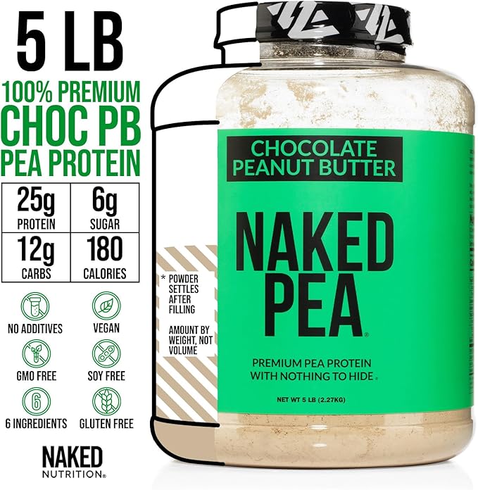 NAKED Pea - Chocolate Peanut Butter Protein from US & Canadian Farms, Organic Cocoa, Organic Coconut Sugar - No GMO, No Soy, and Gluten Free, Aid Growth and Recovery - 52 Servings